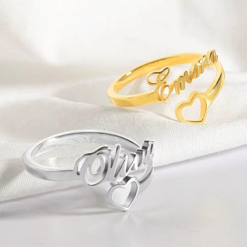 Custom Gold Name Ring with Heart • Personalized Dainty Script Jewelry