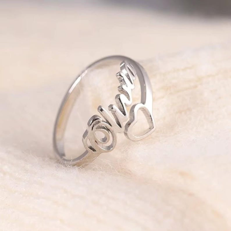 Custom Gold Name Ring with Heart • Personalized Dainty Script Jewelry
