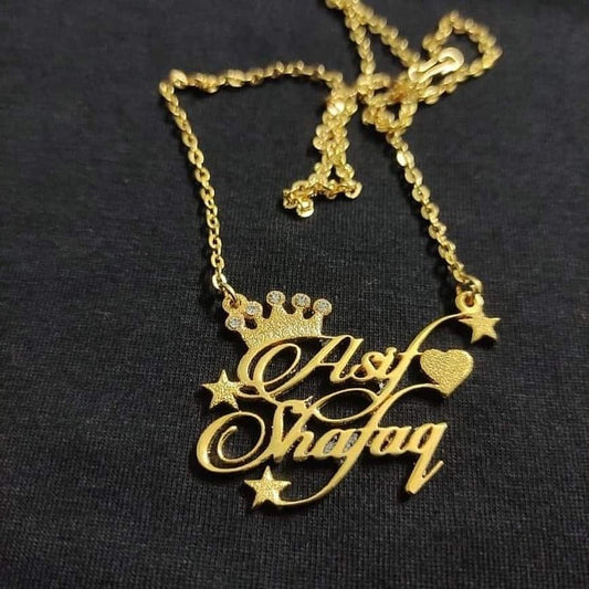 Custom Gold Name Necklace with Crown, Heart, and Star Design - Personalized Jewelry