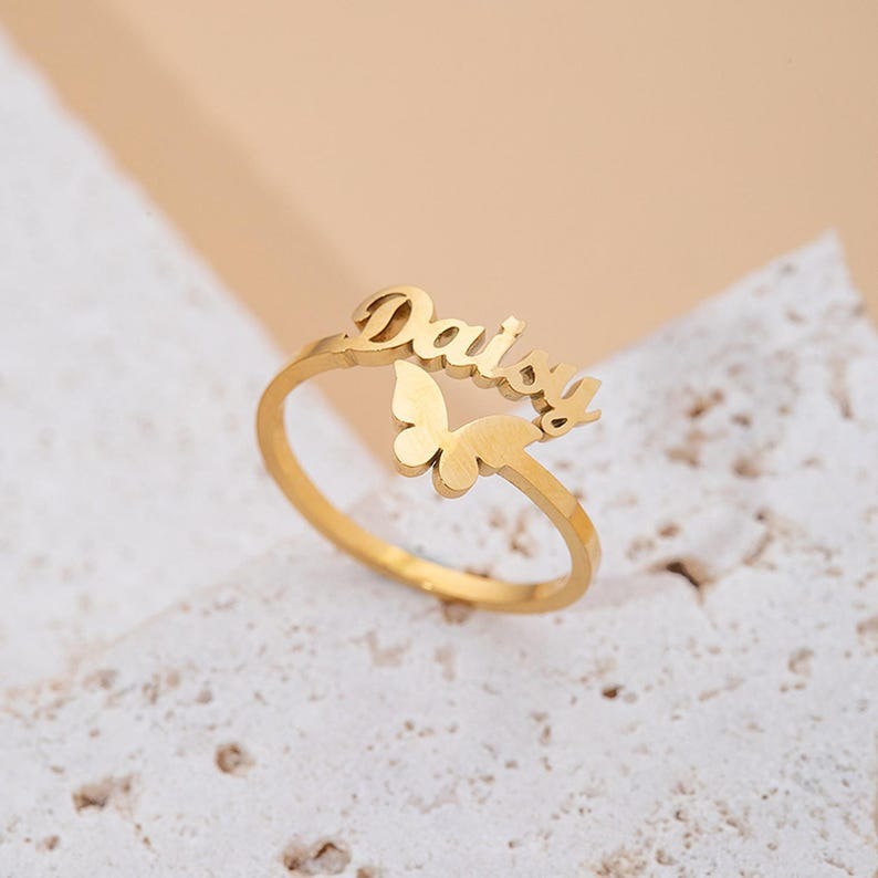 Custom Butterfly Name Ring • Personalized Nameplate Jewelry Gift