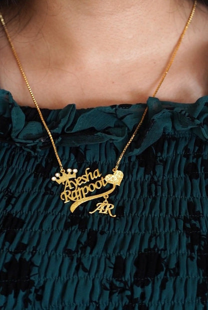 Custom Name Necklace for Women – Crown on Top & Heart Accent Personalized Jewelry