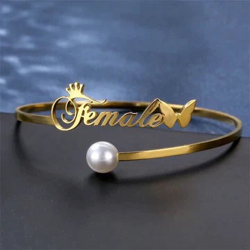 Personalized Name Bangle with Crown & Butterfly – Custom Bracelet for Women