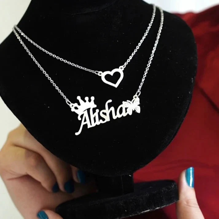 Personalized Name Necklace with Crown, Heart, and Butterfly Design - Custom Jewelry for Women