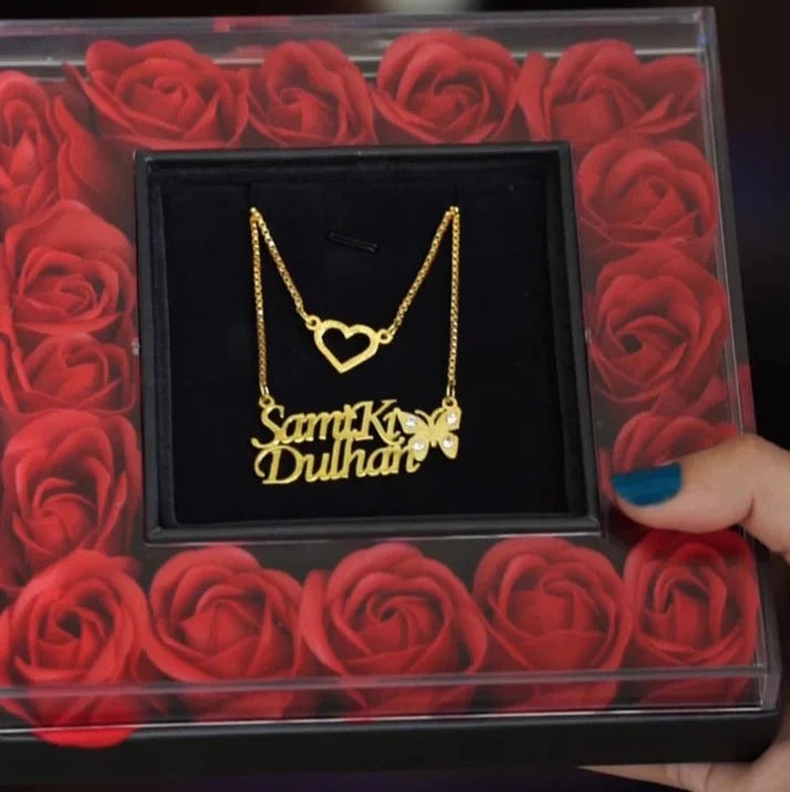 Personalized Name Necklace with Crown, Heart, and Butterfly Design - Custom Jewelry for Women